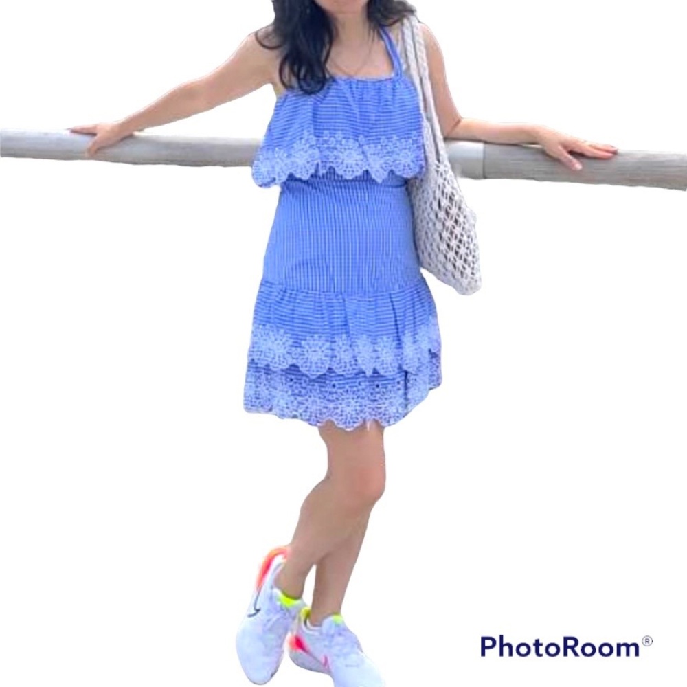 Parker blue stripes halter dress with uhh eyelet embroidery size 2